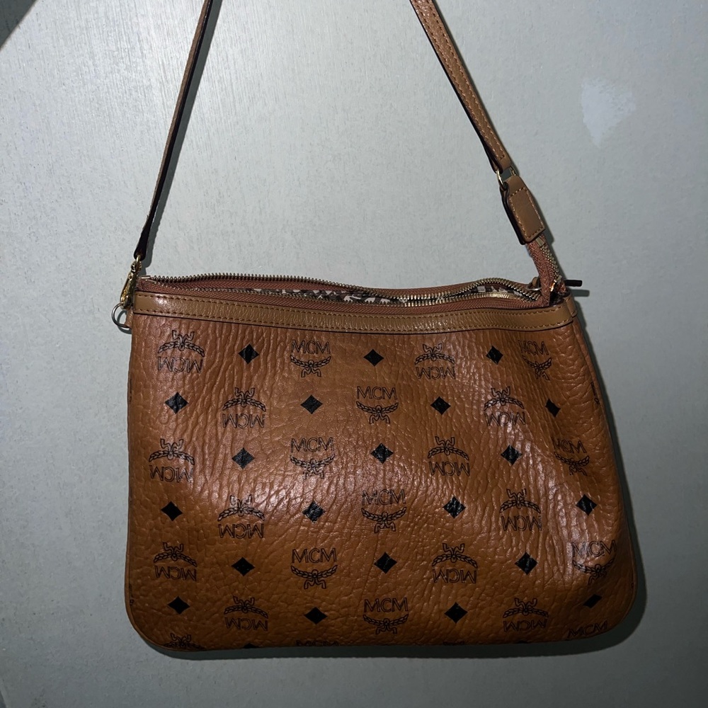 MCM zip pouch with shoulder strap